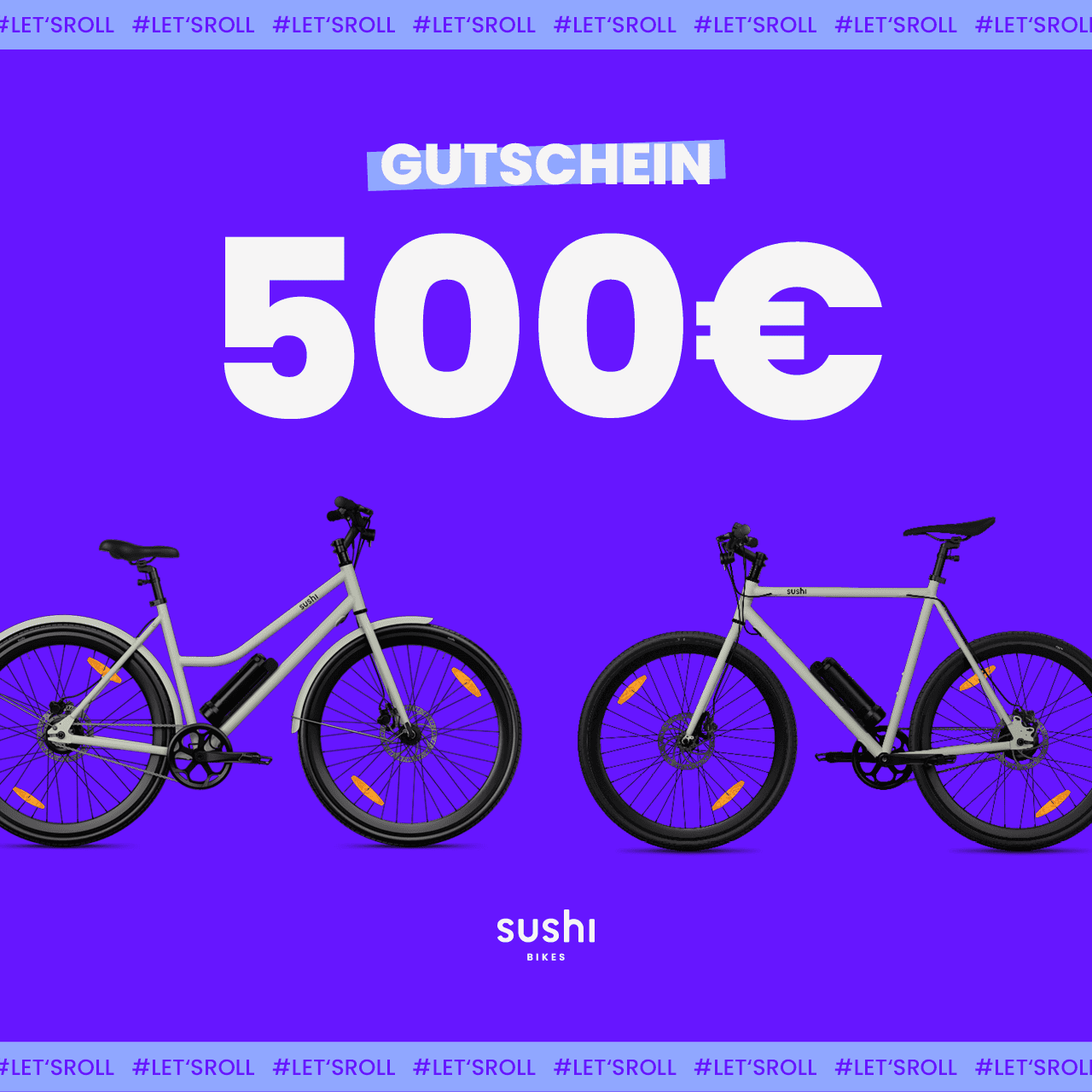 Lila Grafik mit zwei SUSHI BIKES und weißem Schriftzug „Gutschein 500€“ in Großbuchstaben, darunter SUSHI BIKES Logo