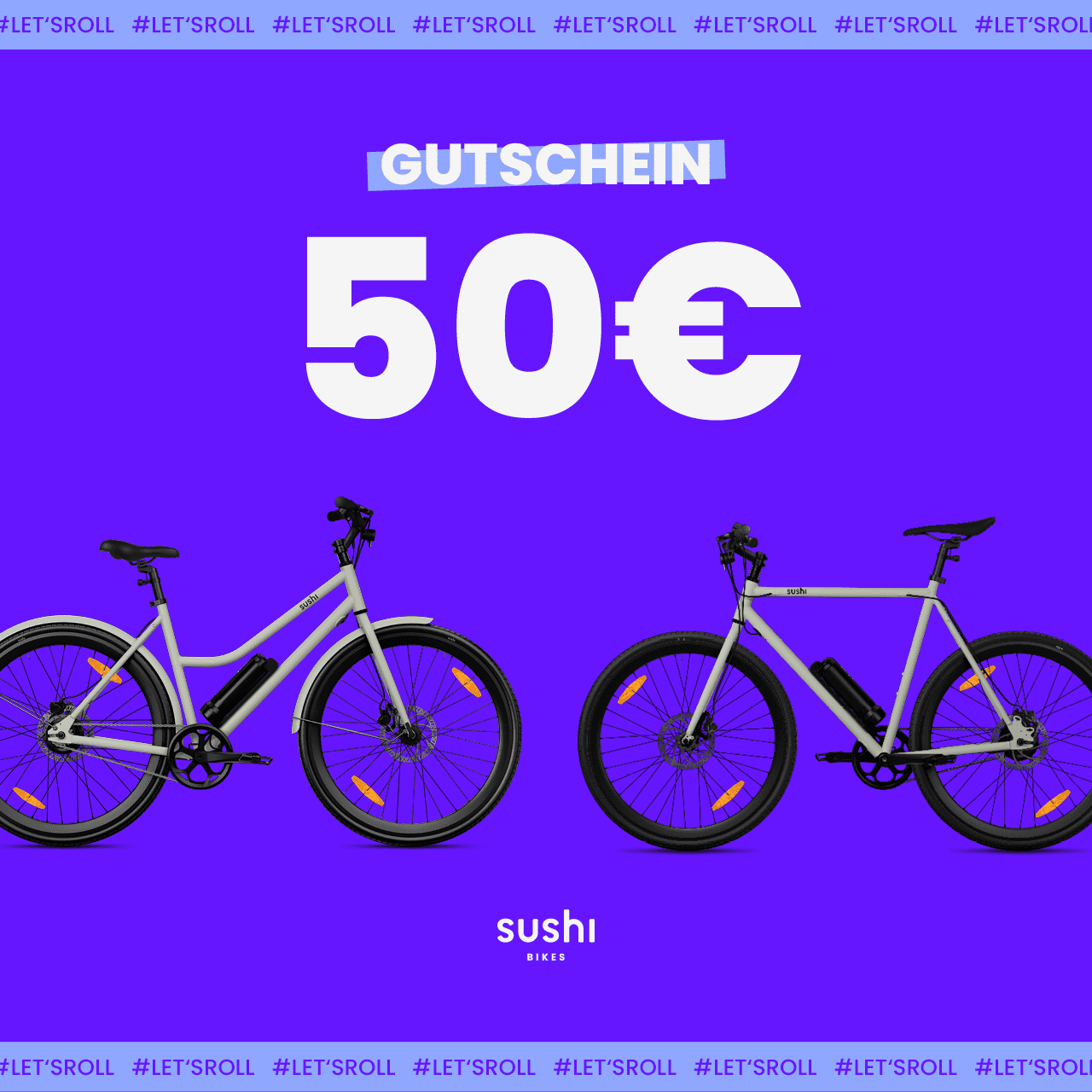 Lila Grafik mit zwei SUSHI BIKES und weißem Schriftzug „Gutschein 50 €“ in Großbuchstaben, darunter SUSHI BIKES Logo