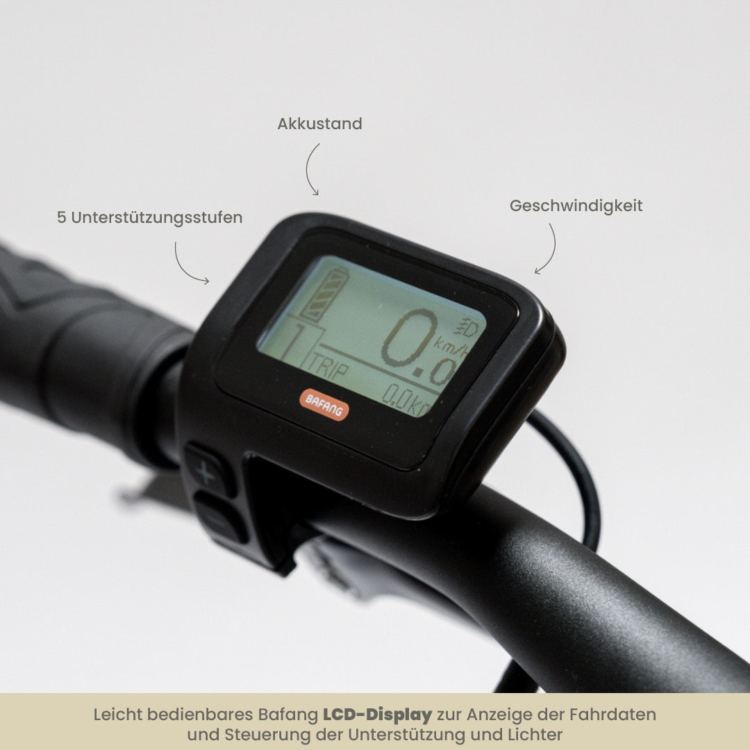 TABI Diamantrahmen, Detailaufnahme des Bafang LCD-Displays mit 5 Unterstützungsmodi, Akkustand und km/h Anzeige