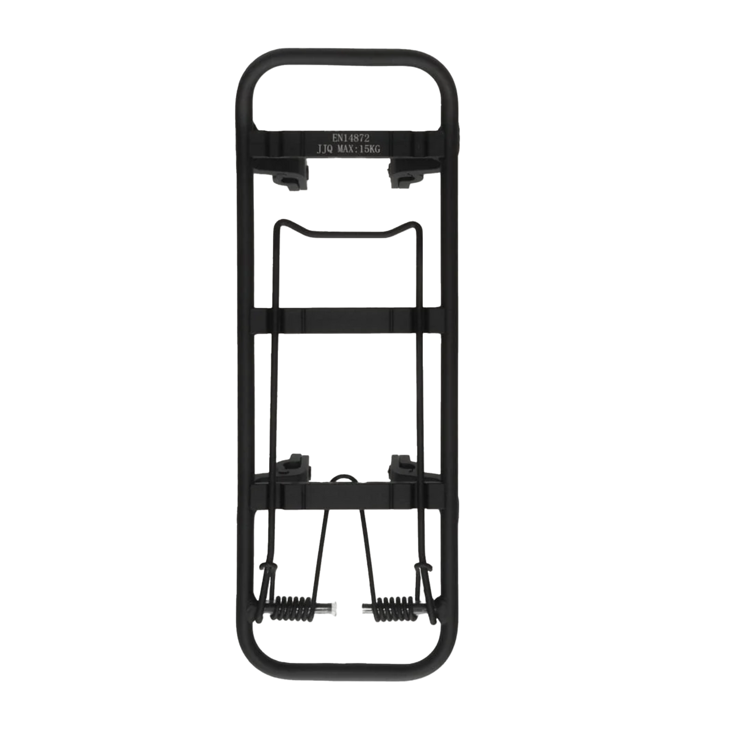 Schwarzer Gepäckträgeraufsatz THE RACK aus Aluminium mit integrierter Klemme, von oben fotografiert