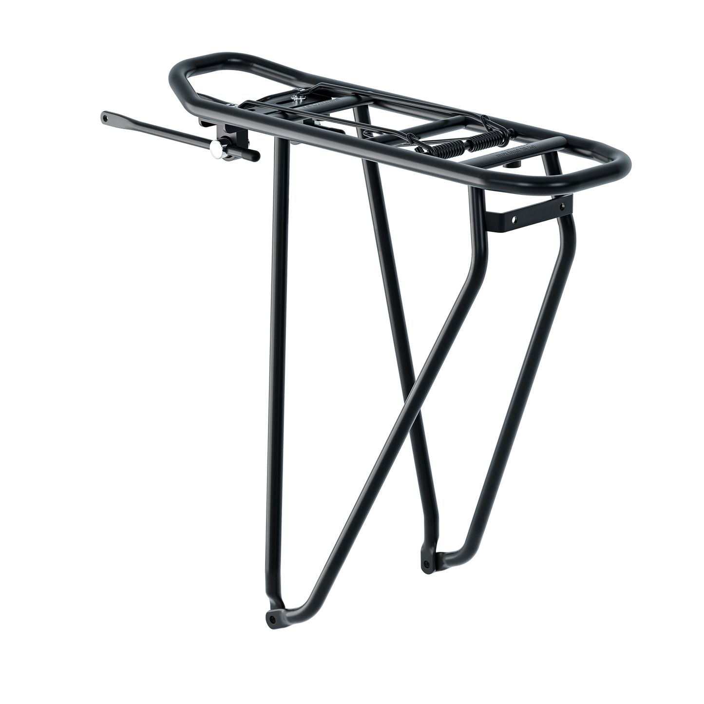 Schwarzer Racktime-Gepäckträger aus Aluminium mit integrierter Federklappe, Snap-it-System und seitlichen Streben zur Befestigung am E-Bike