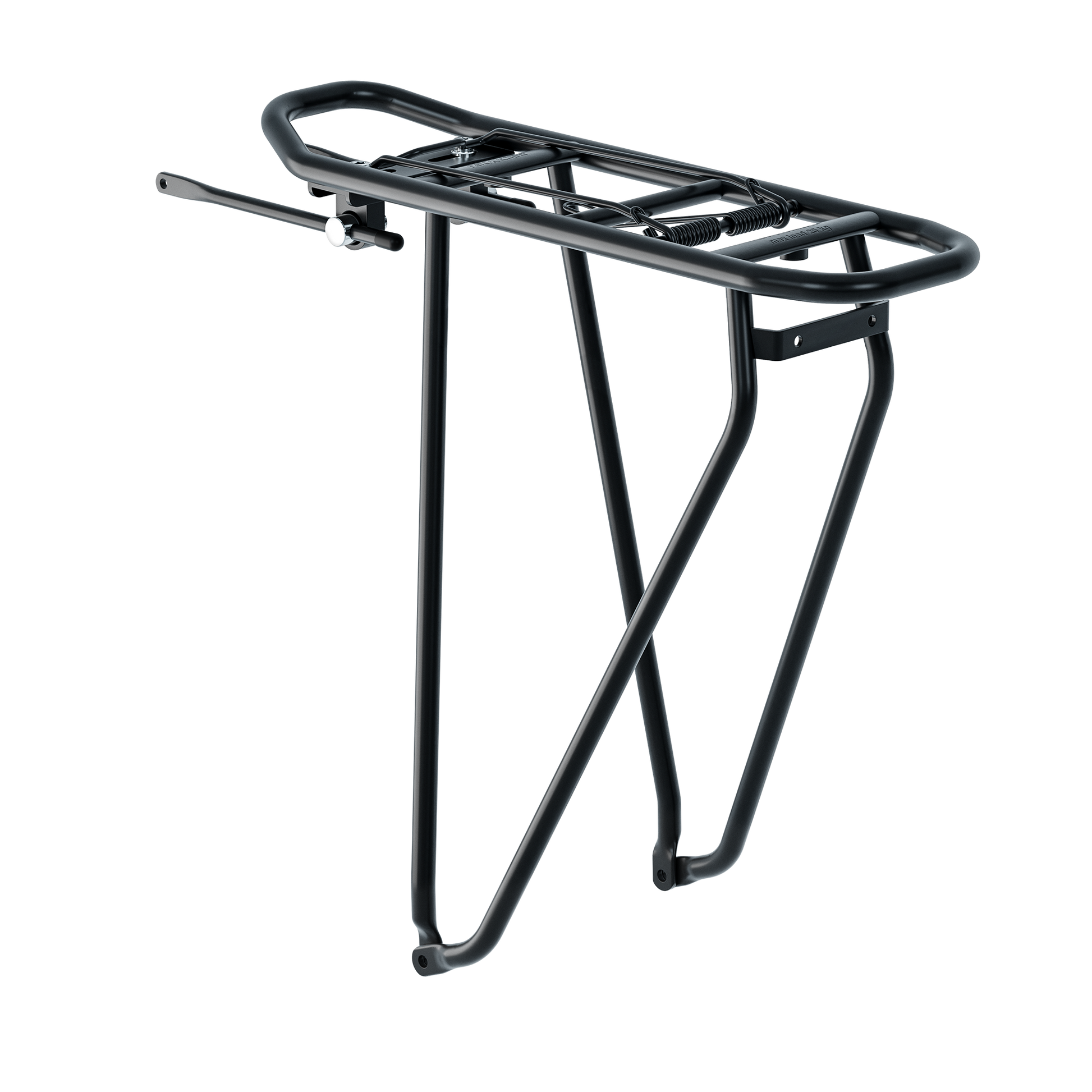 Schwarzer Racktime-Gepäckträger aus Aluminium mit integrierter Federklappe, Snap-it-System und seitlichen Streben zur Befestigung am E-Bike