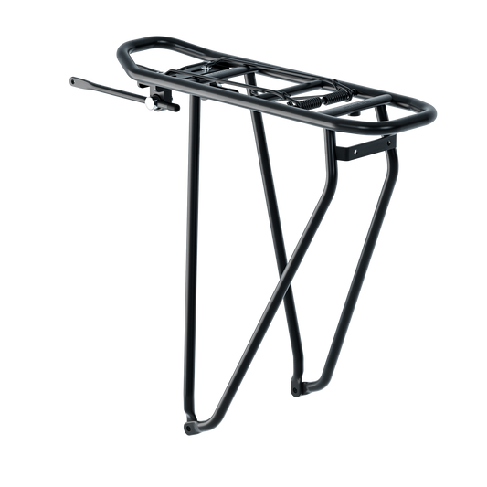 Schwarzer Racktime-Gepäckträger aus Aluminium mit integrierter Federklappe, Snap-it-System und seitlichen Streben zur Befestigung am E-Bike