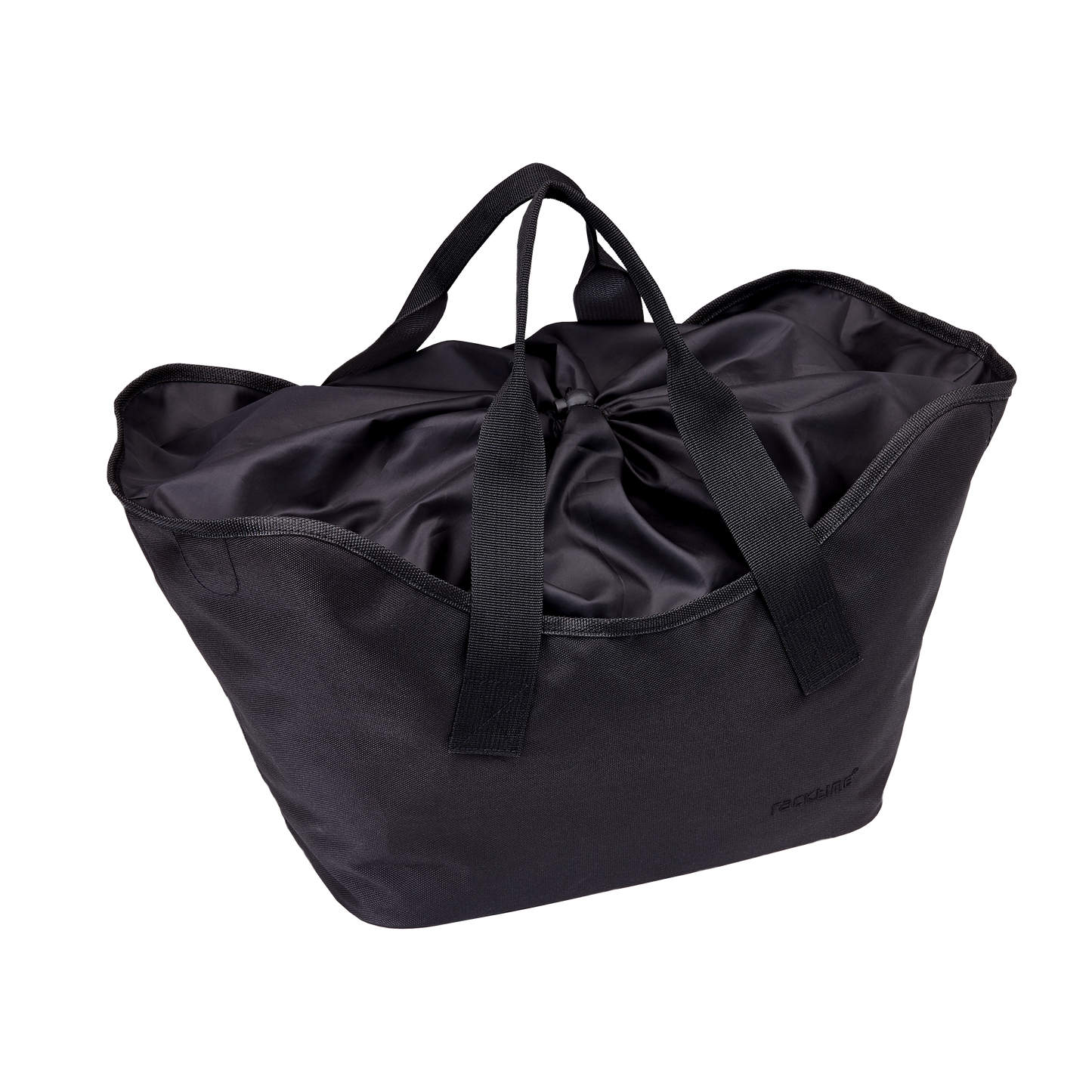 Schwarze Tasche verschlossen mit Kordelzugverschluss, Tragegriffe stehen aufrecht