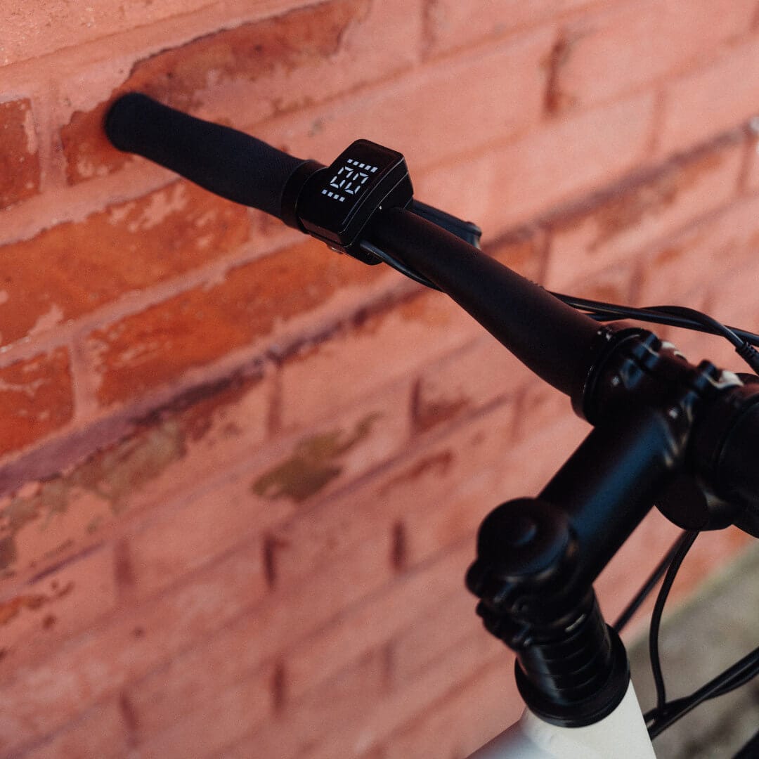 Nahaufnahme des linken Lenkergriffs an einem SUSHI E-BIke montiert