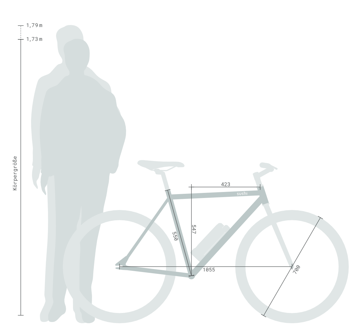Größenempfehlung für das SUSHI Bike Maki 3.0 und 3.0+ in Größe M: empfohlen für Körpergrößen von 173 bis 179 cm.