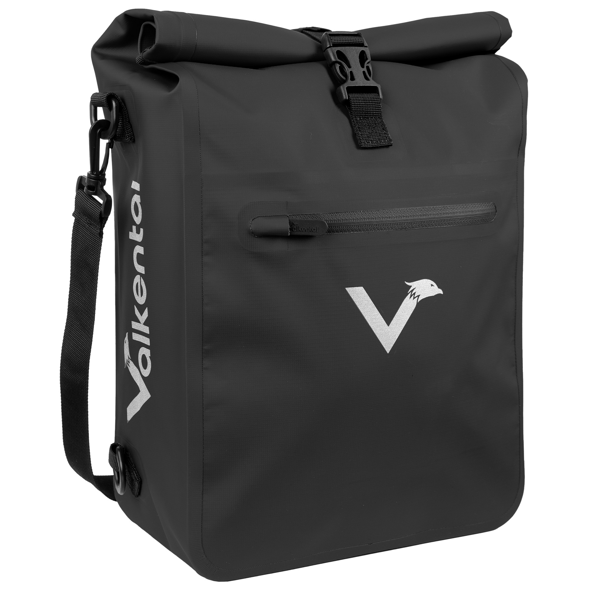 Schwarze ValkOne Tasche von vorne mit reflektierendem Logo, Rolltop-Verschluss und Frontreißverschluss