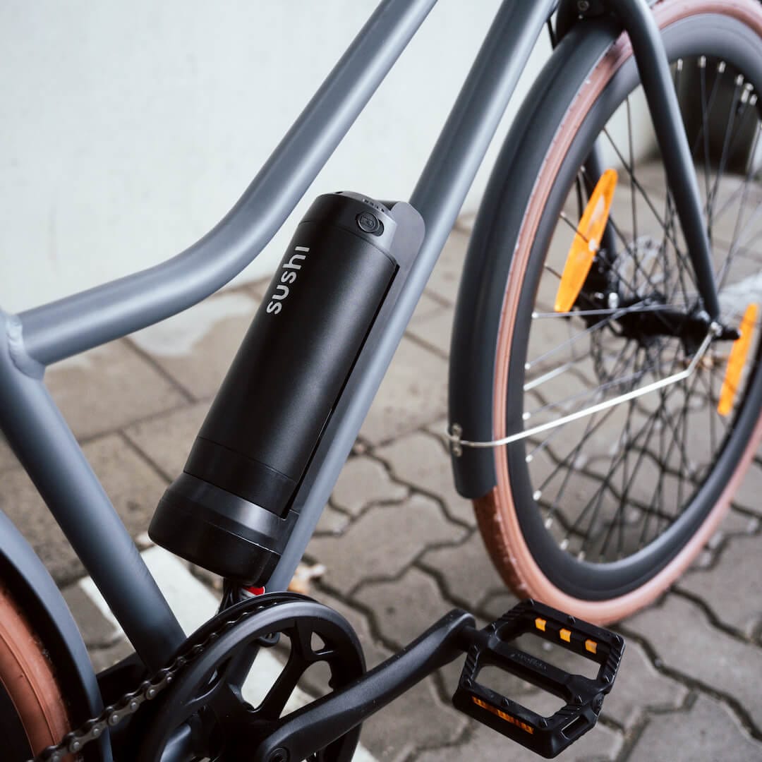 Detailaufnahme auf den herausnehmbaren Akku vom SUSHI E-bike