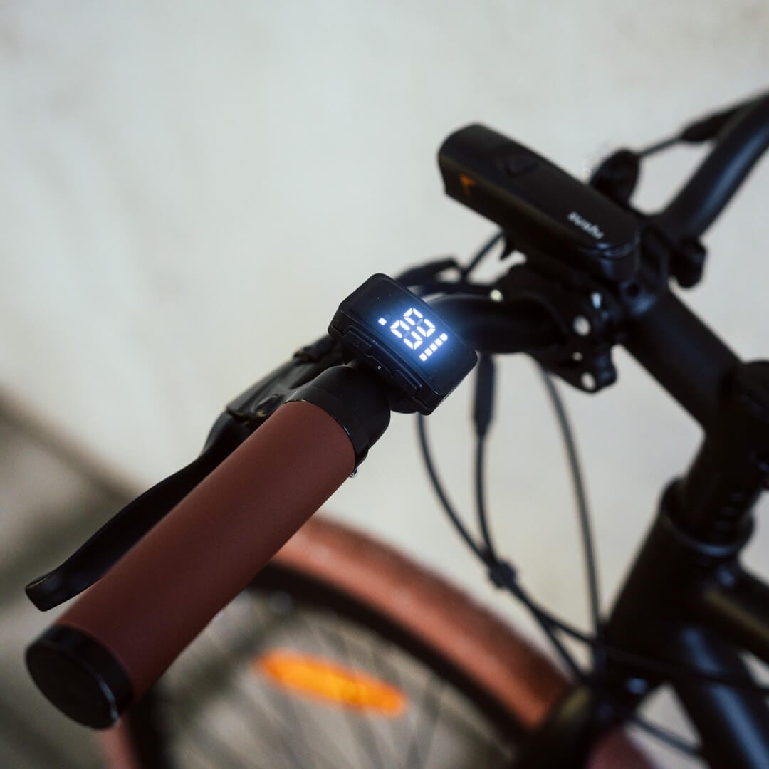 Sushi E-Bike Maki Plus mit Fokus auf braune Lenkergriffe und eingeschaltetes Display