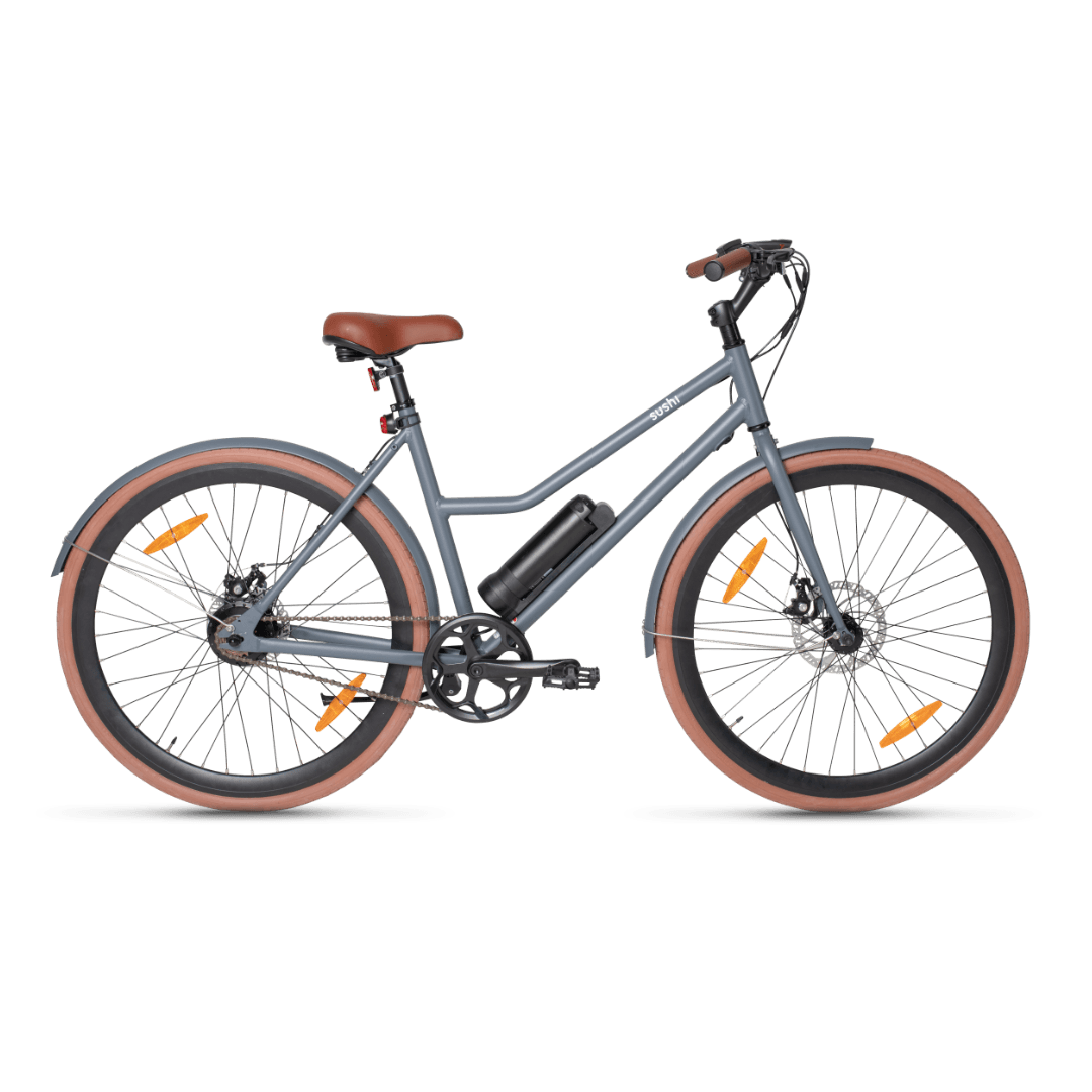 California Roll Plus Sushi E-Bike in grau mit braunen Reifen, Sattel und Lenkergriffen