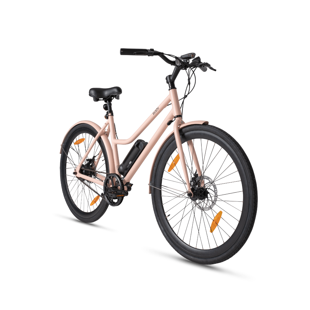 California Roll Plus Sushi E-Bike in rosa frontal mit schwarzen Lenkergriffen, Reifen und Sattel