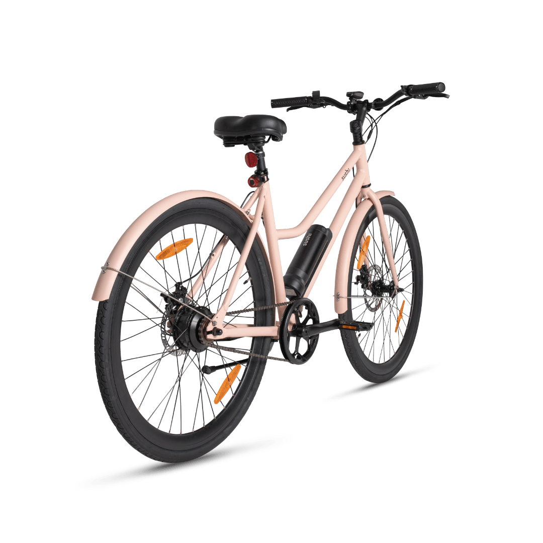 California Roll Plus in rosa mit schwarzen Lenkergriffen, Reifen und Sattel von hinten