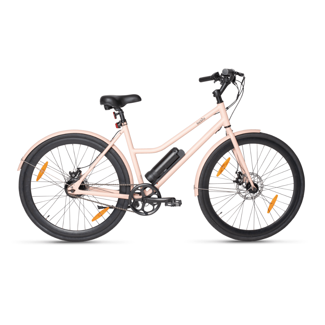 California Roll Plus in rosa mit schwarzen Lenkergriffen, Reifen und Sattel von der Seite