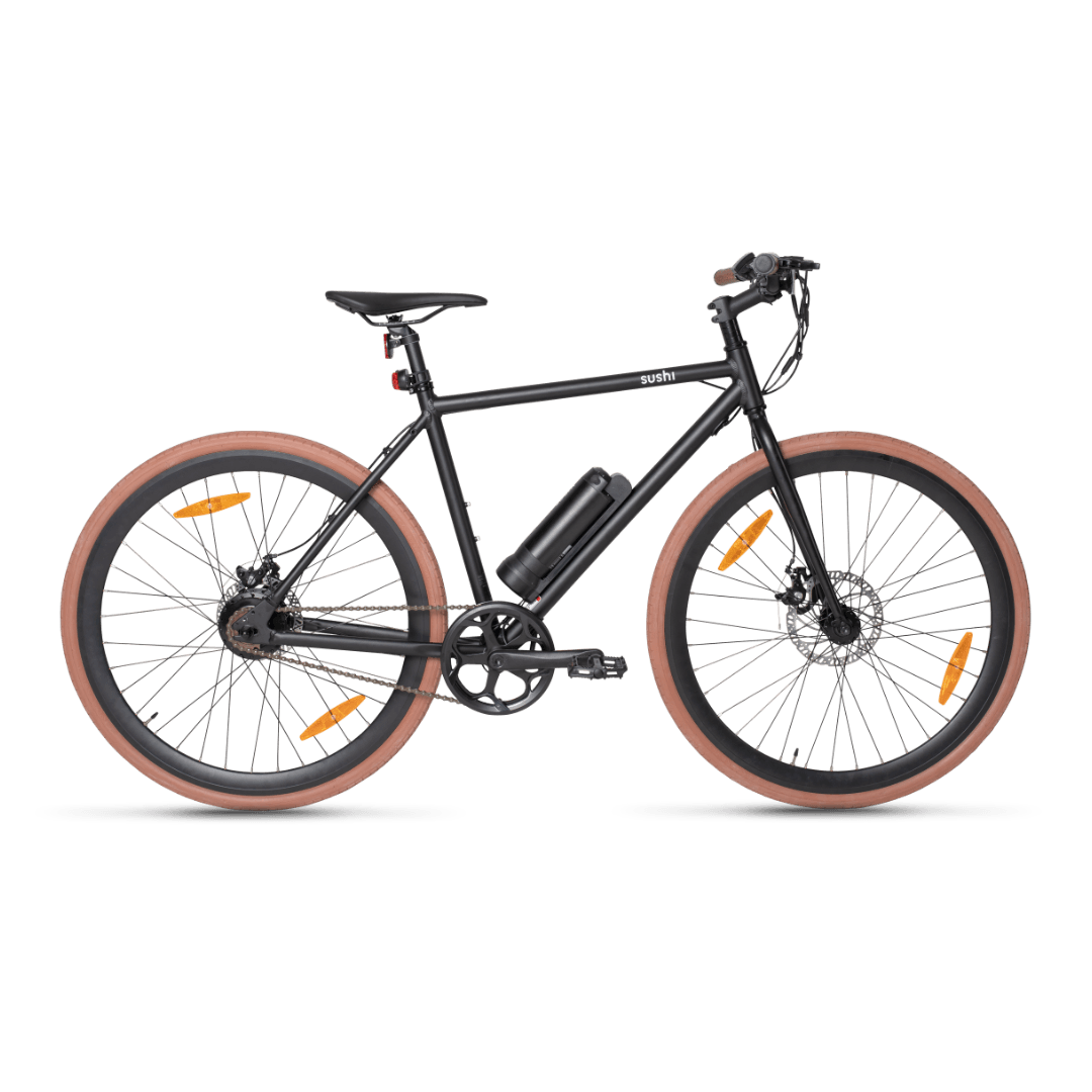 Sushi E-Bike Maki Plus mit brauen Reifen und Lenkergriffen