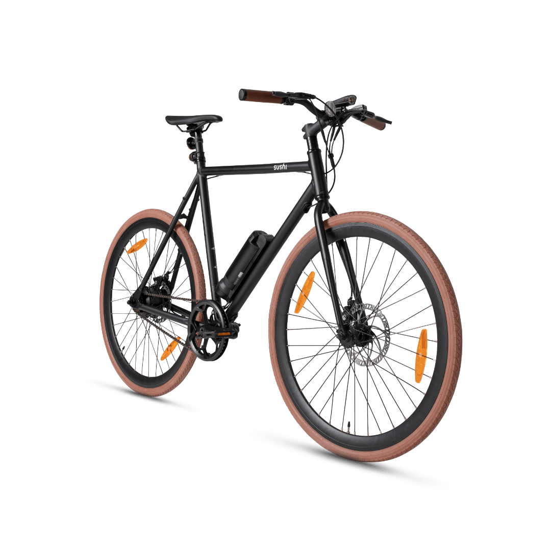 Maki Plus E-Bike von Sushi Bikes mit brauen Reifen und Lenkergriffen frontal
