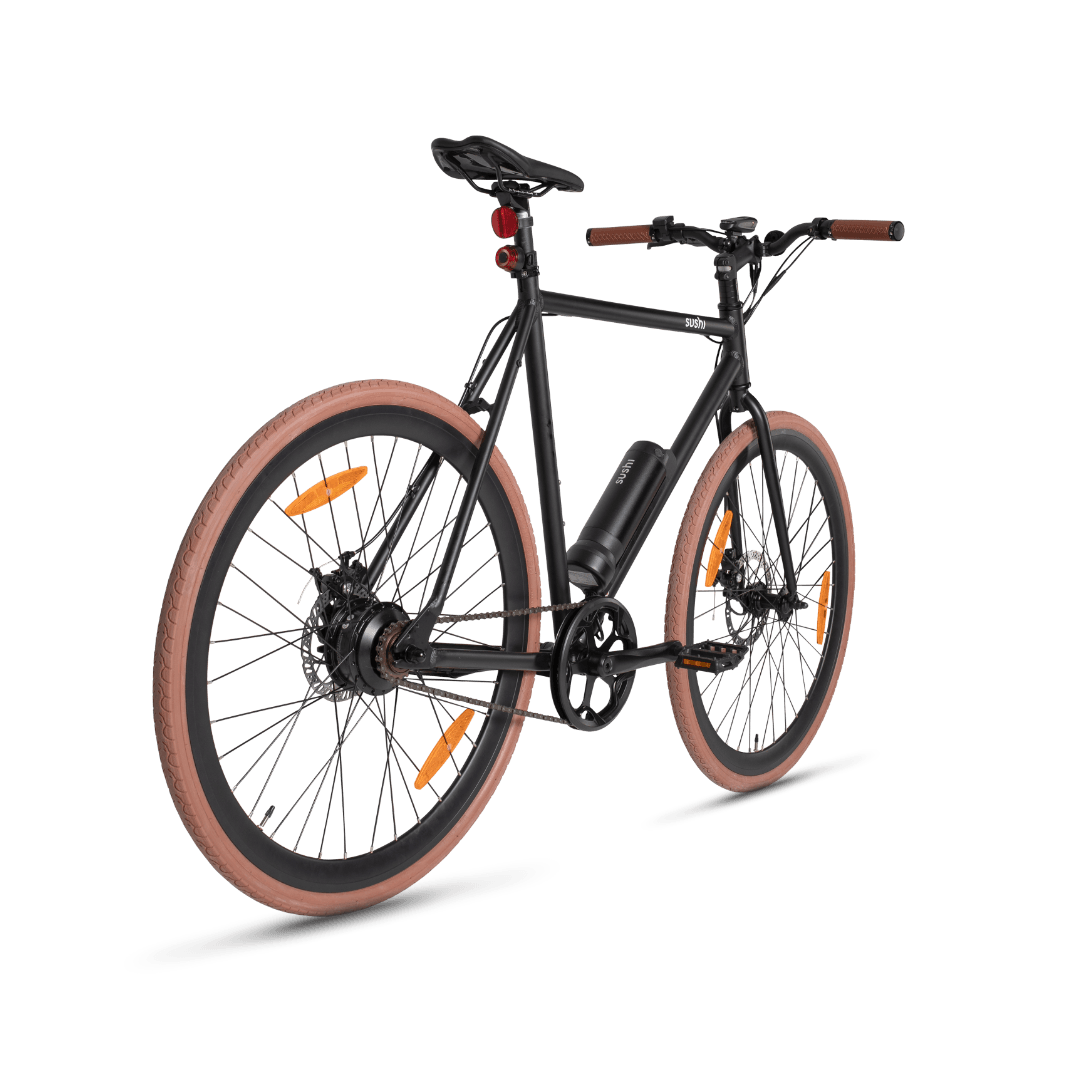 Maki Plus E-Bike mit brauen Reifen und Lenkergriffen von hinten