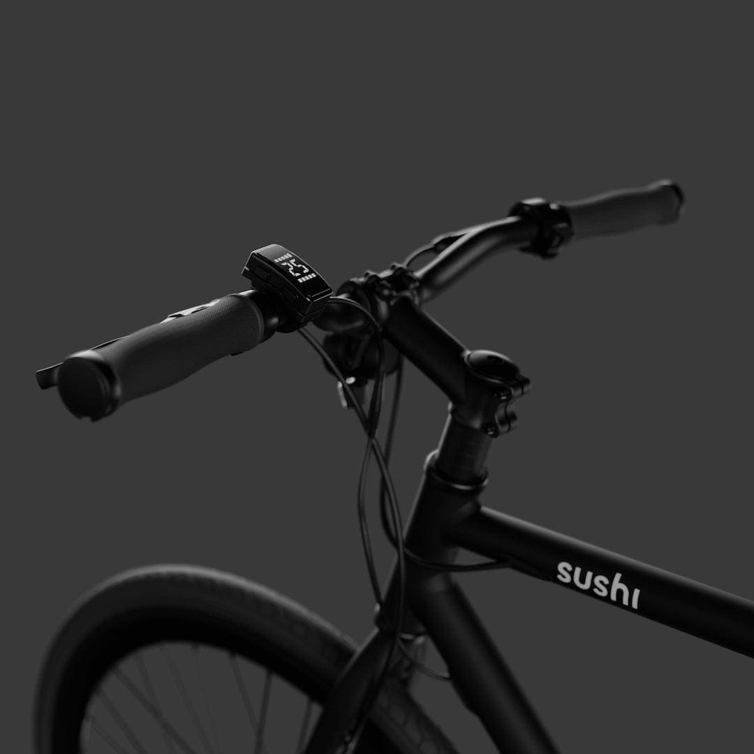 Detailaufnahme vom Lenker des E-Bike Maki 3.0 in schwarz mit eingeschaltetem Display, zeigt 25 km/h