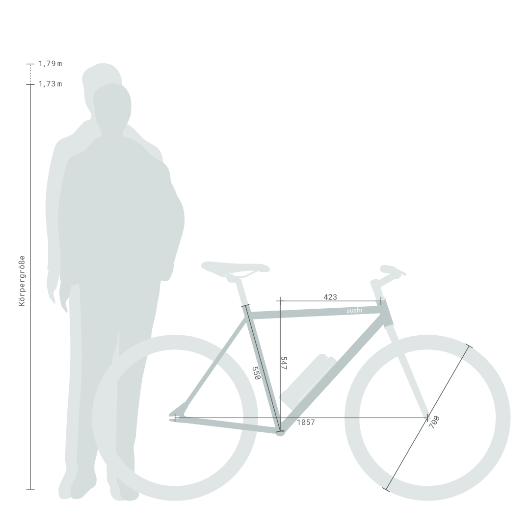 Größenempfehlung für das SUSHI Bike Maki Plus in Größe M: empfohlen für Körpergrößen von 173 bis 179 cm.