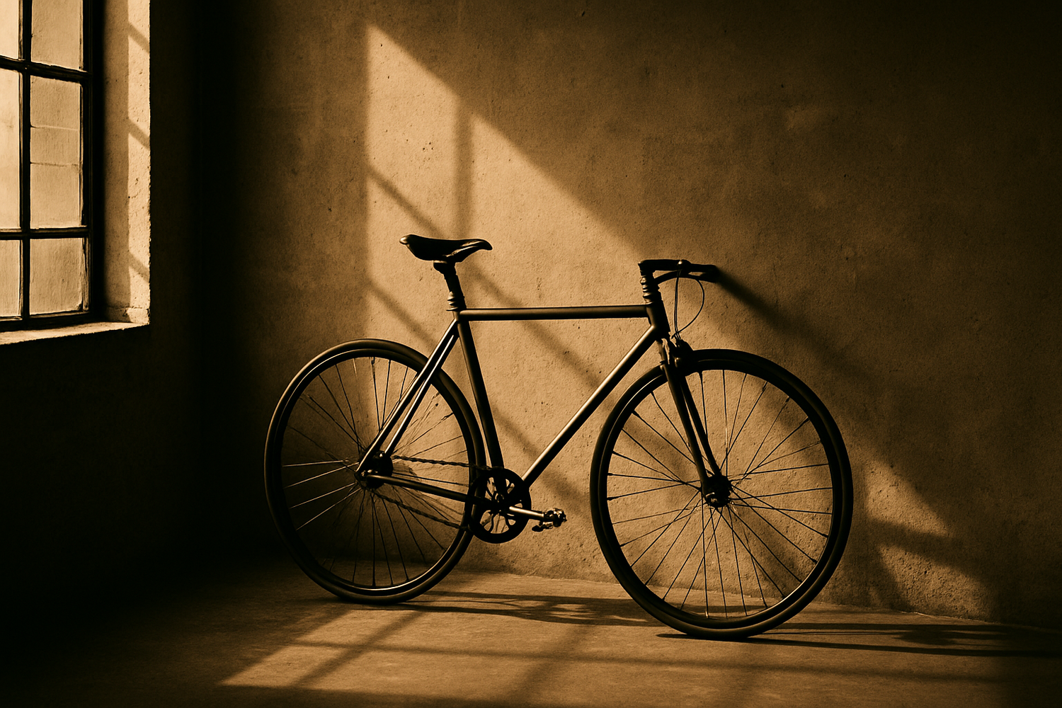 Minimalistisches Singlespeed-Fahrrad vor Betonwand im Industrieloft