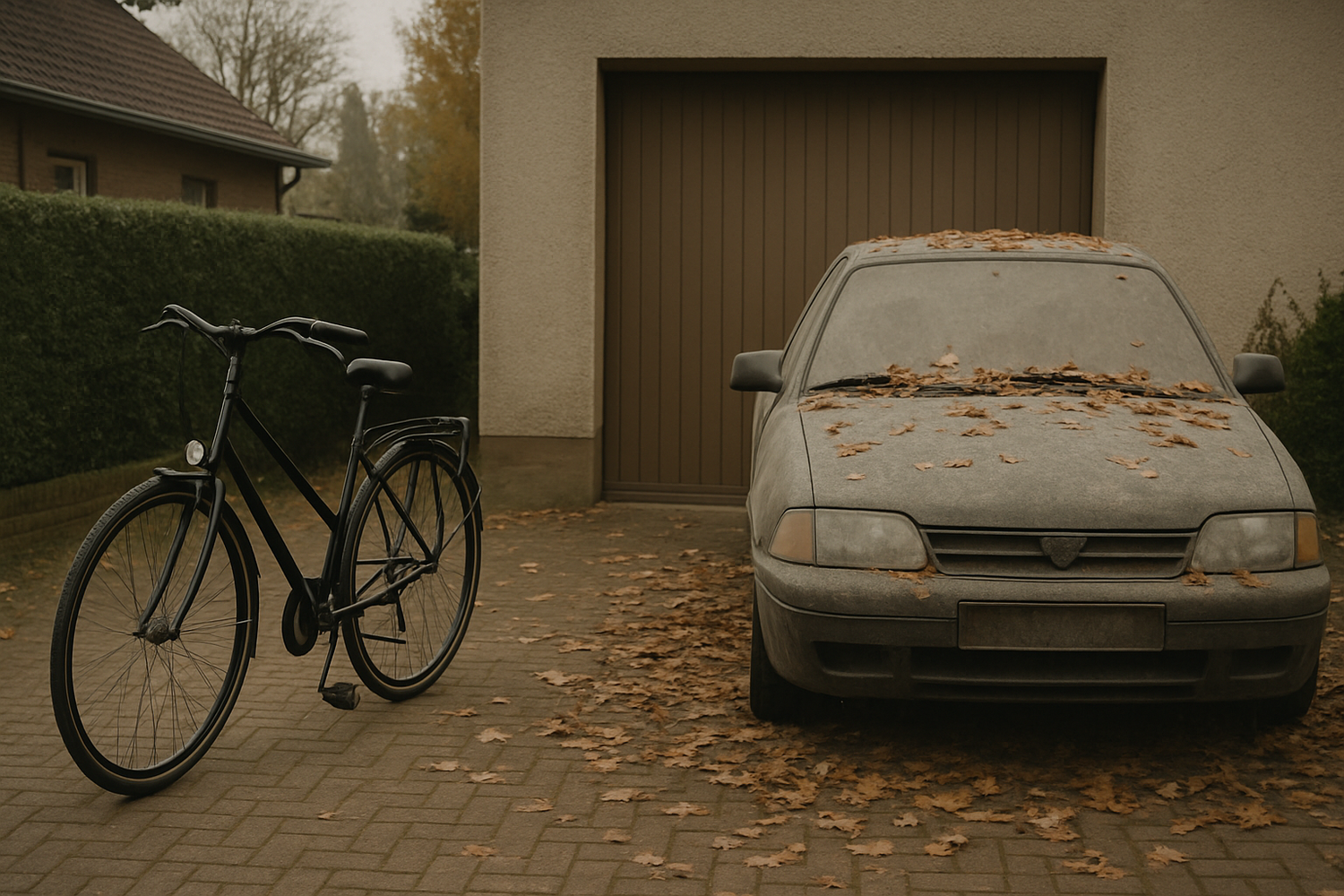 Fahrrad neben verstaubtem Auto mit Herbstlaub in Vorstadteinfahrt