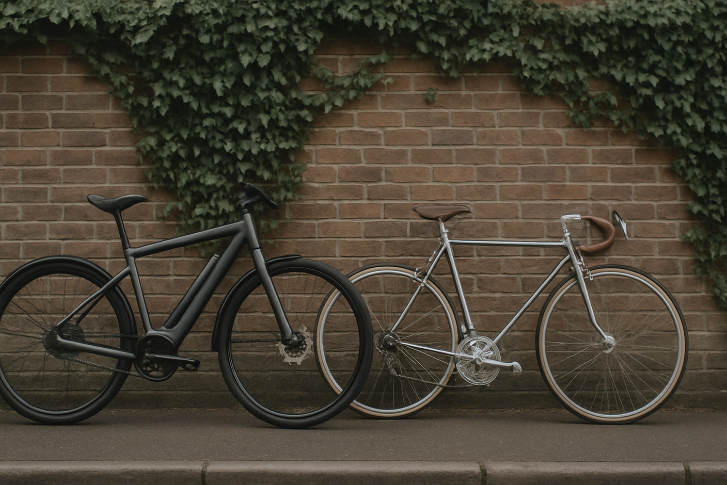 E-Bike und klassisches Fahrrad nebeneinander an efeubedeckter Backsteinwand