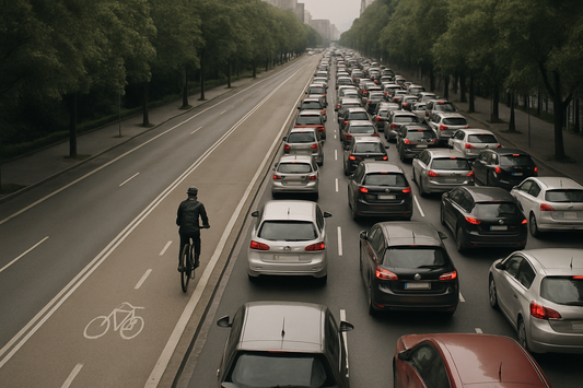 Radfahrer auf Radweg neben Autostau auf Stadtboulevard aus Vogelperspektive