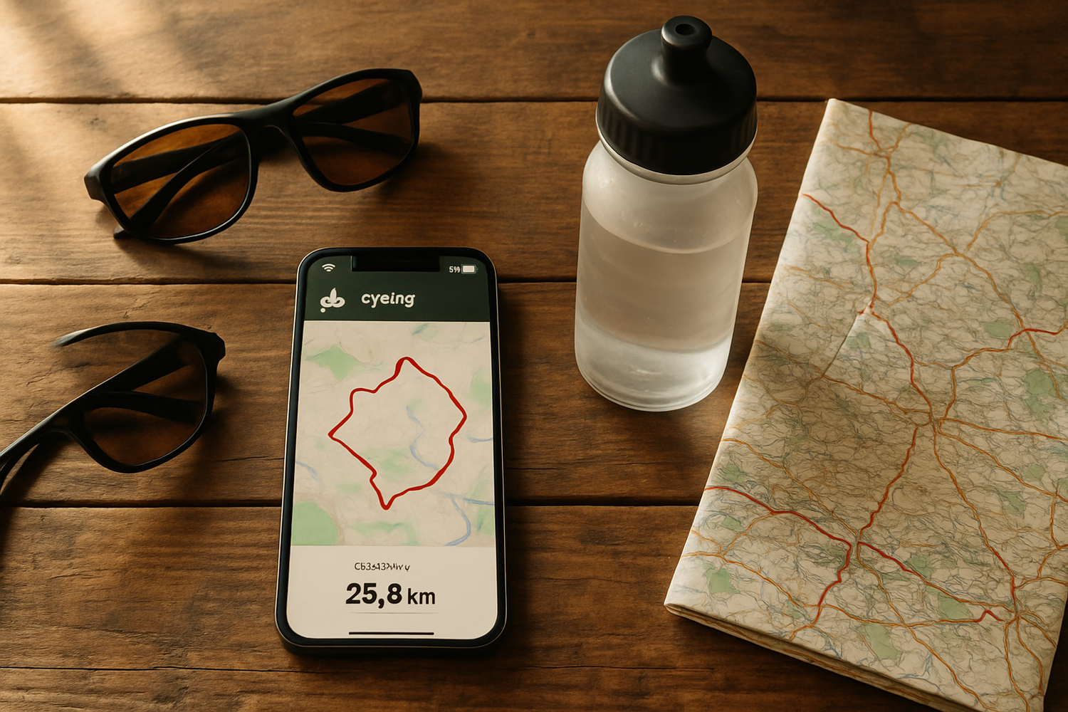 Flat-Lay Radtour-Planung mit Smartphone Routenkarte auf Holztisch