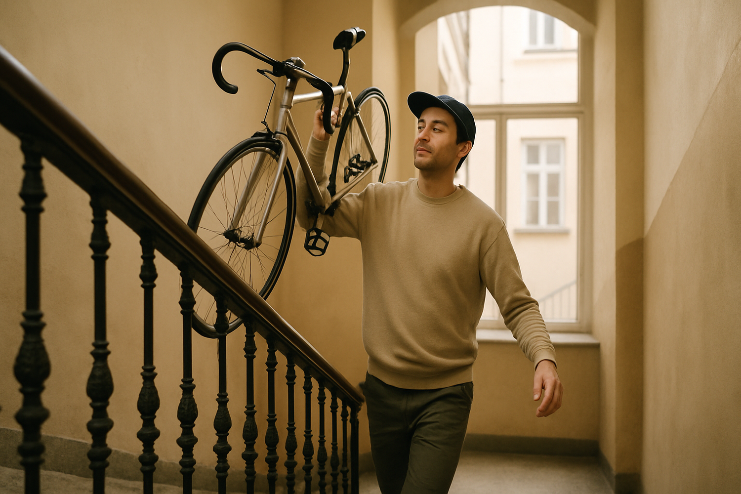 Person trägt leichtes Fahrrad mühelos mit einer Hand die Treppe hoch