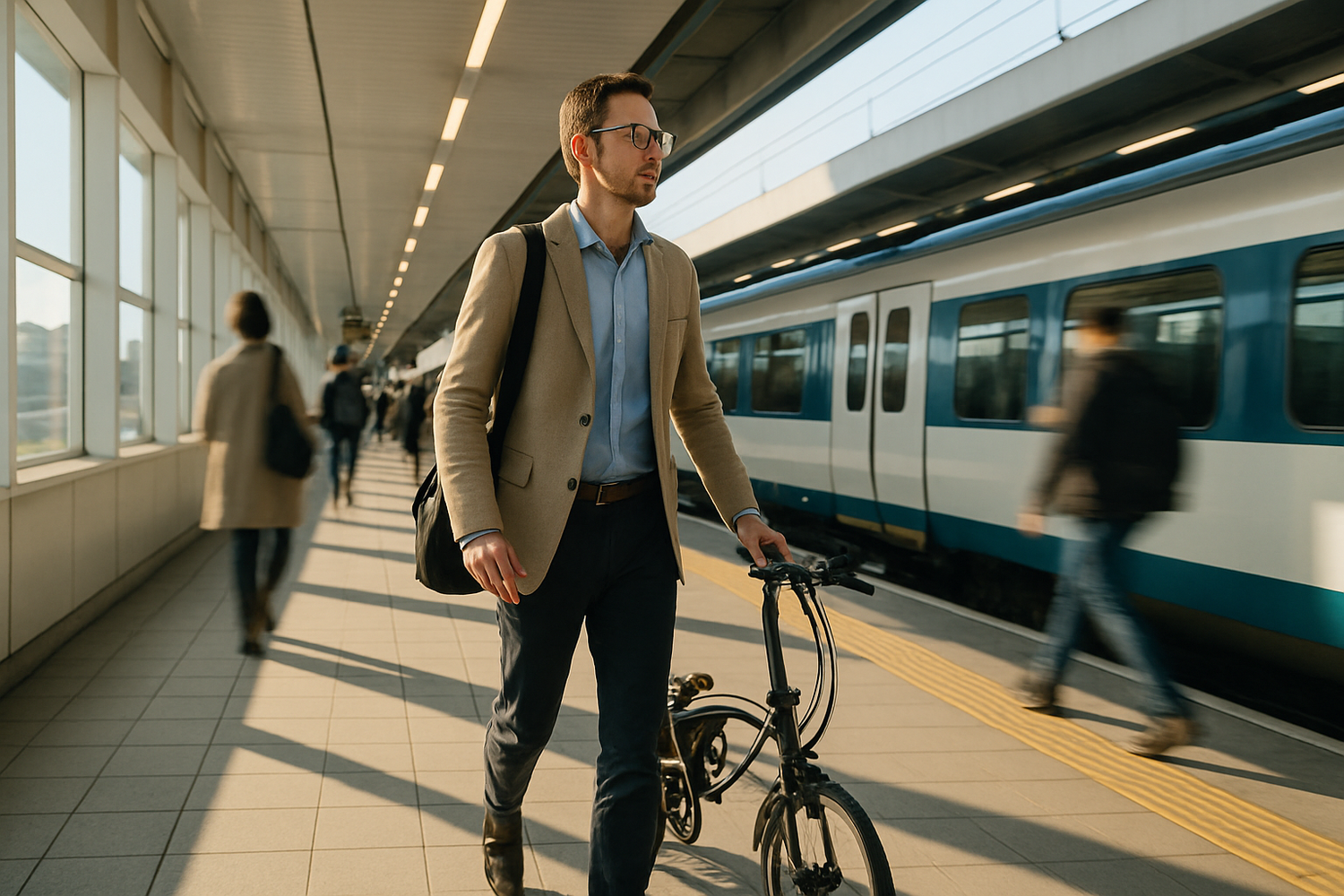 Pendler schiebt Klapprad durch helle moderne Bahnhofsplattform