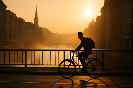 Pendler auf Fahrrad überquert Brücke bei Sonnenaufgang mit Morgennebel