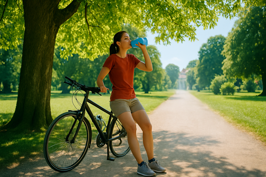Frau macht Trinkpause neben Fahrrad unter schattigem Baum im Sommerpark
