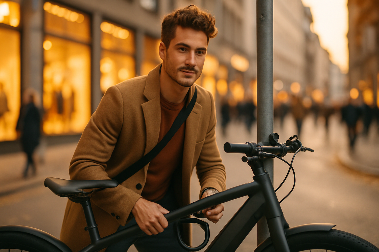 Mann schließt E-Bike an Laternenpfahl in Innenstadt bei Abendlicht ab