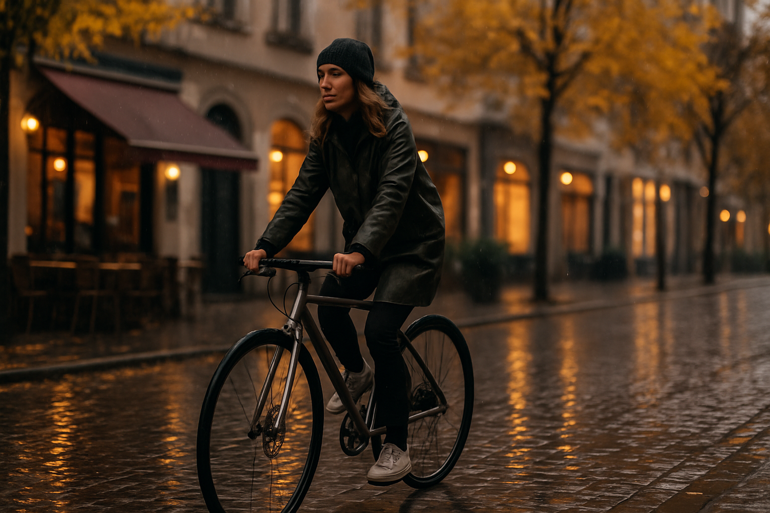 Radfahrerin auf nassem Kopfsteinpflaster bei Herbstregen in europaeischer Innenstadt