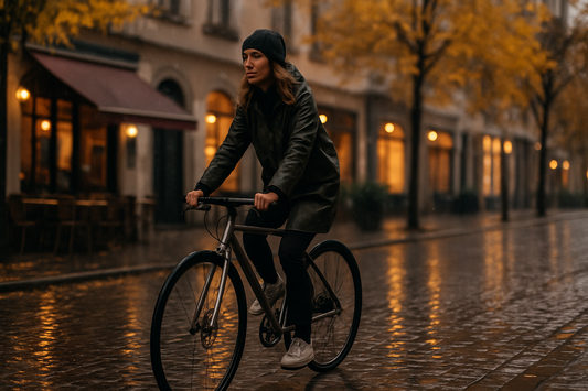 Radfahrerin auf nassem Kopfsteinpflaster bei Herbstregen in europaeischer Innenstadt