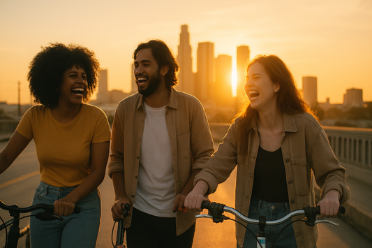 Drei Freunde lachend mit Fahrrädern auf Brücke bei Sonnenuntergang