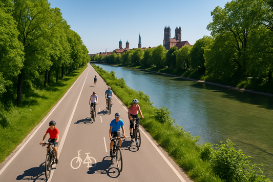 Geschützter Radweg entlang der Isar in München mit Radfahrern bei Sonnenschein