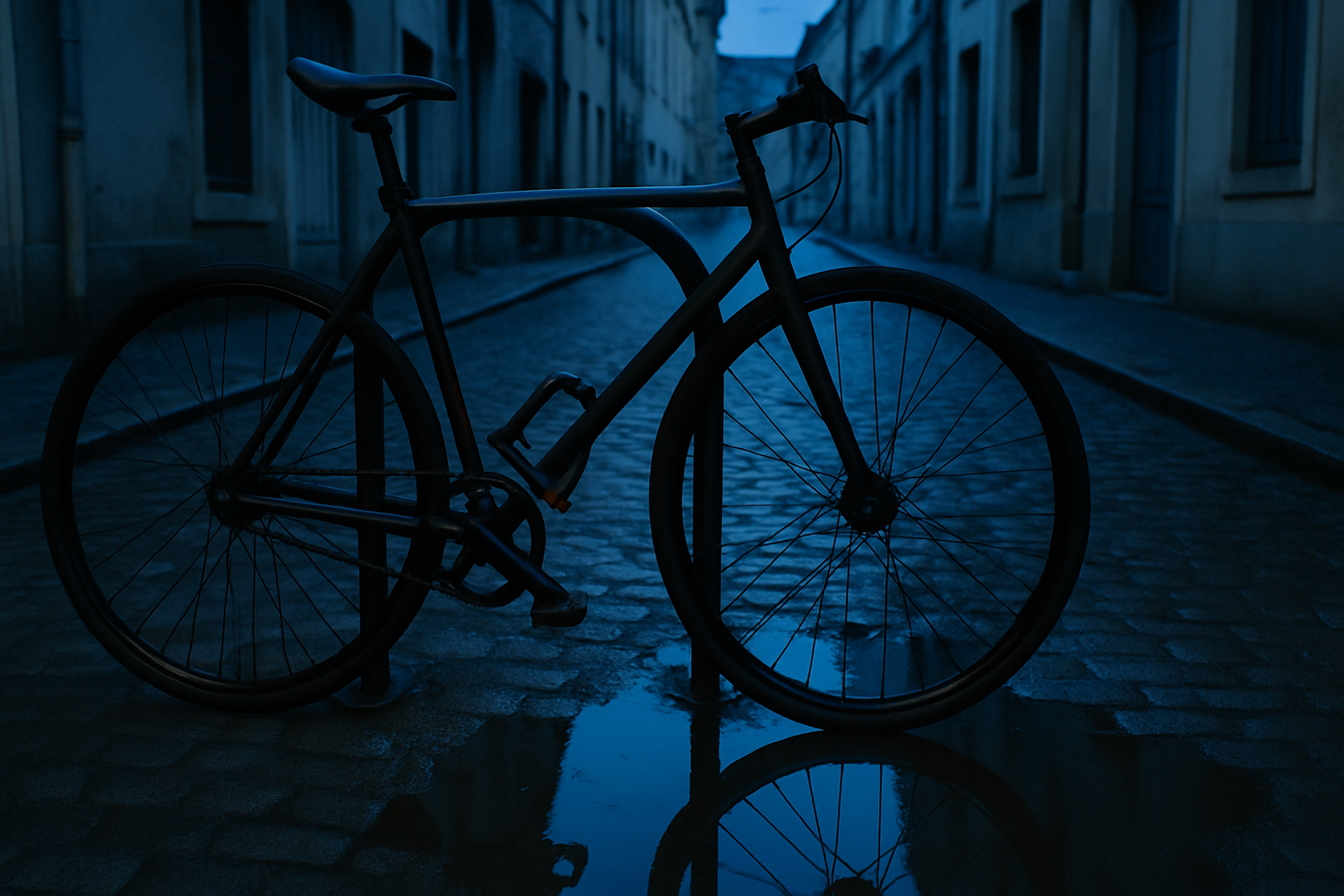 Fahrrad mit schwerem Bügelschloss an Fahrradständer in ruhiger Gasse bei Dämmerung
