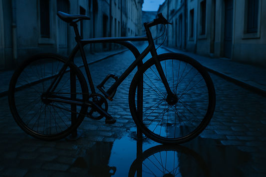 Fahrrad mit schwerem Bügelschloss an Fahrradständer in ruhiger Gasse bei Dämmerung