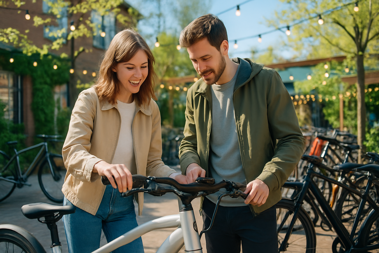 E-Bike für Anfänger:innen – junges Paar begutachtet ein City-E-Bike auf einem Fahrradmarkt