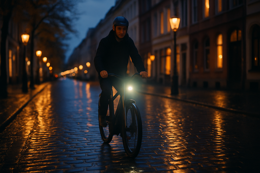 E-Bike Beleuchtung bei Dämmerung in der Stadt