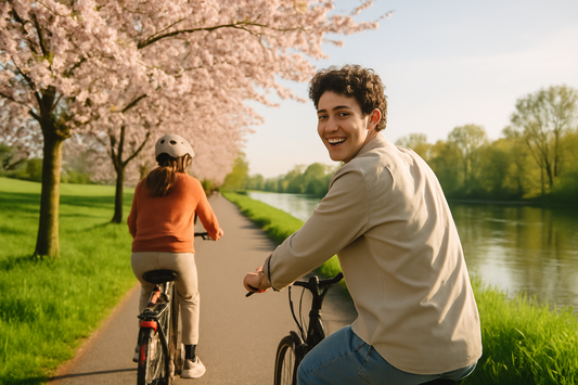E-Bike Frühlingstour auf einem Flussradweg mit blühenden Bäumen