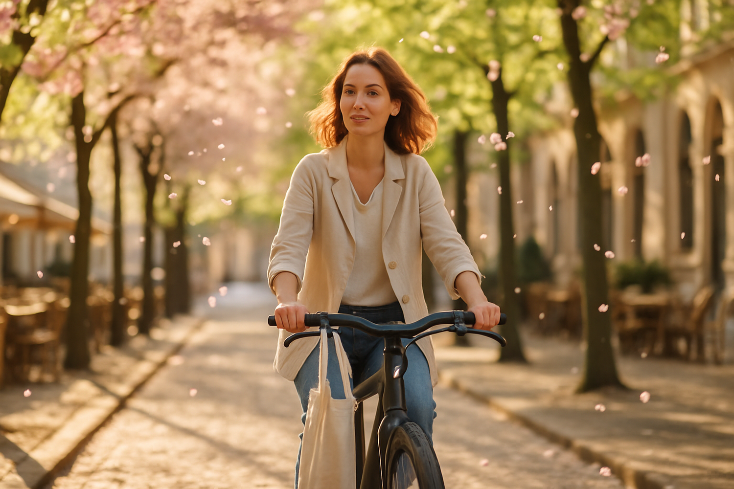 E-Bike im Frühling – Radfahrerin auf einer blühenden Allee in der Stadt