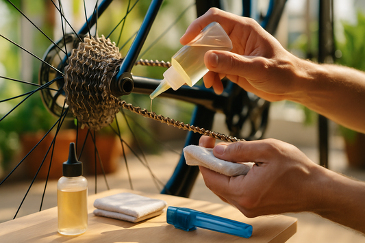 E-Bike Kette pflegen – Nahaufnahme der Kettenschmierung mit Pflegeöl im Frühlingslicht
