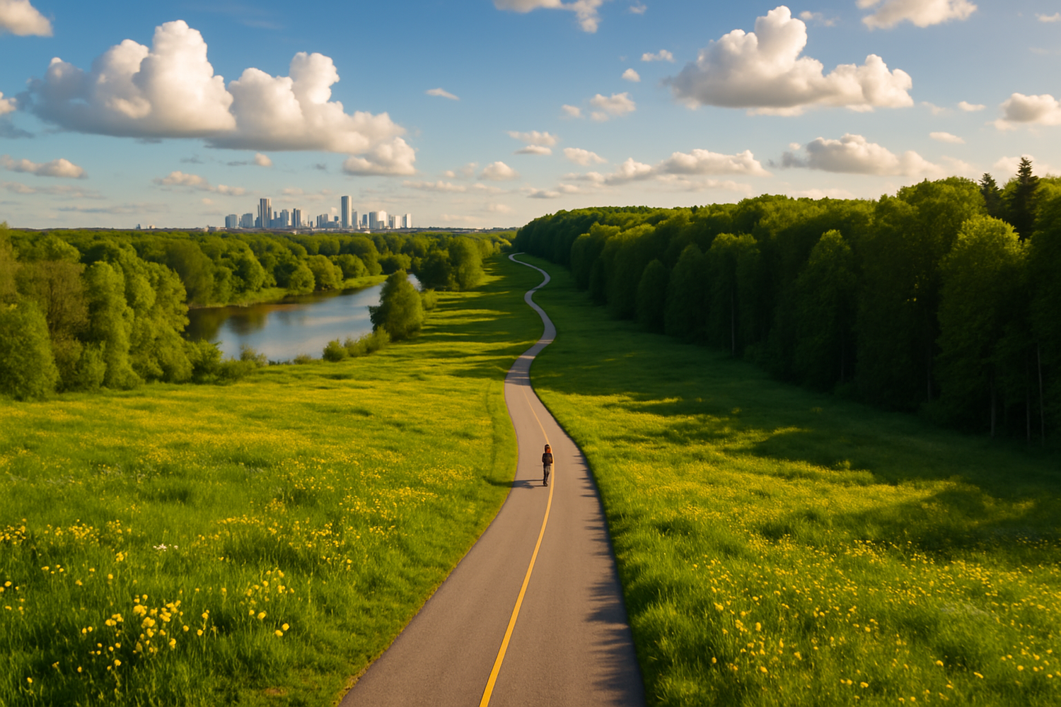 E-Bike Reichweite erhöhen – langer Radweg durch Frühlingslandschaft von Stadt bis Wald