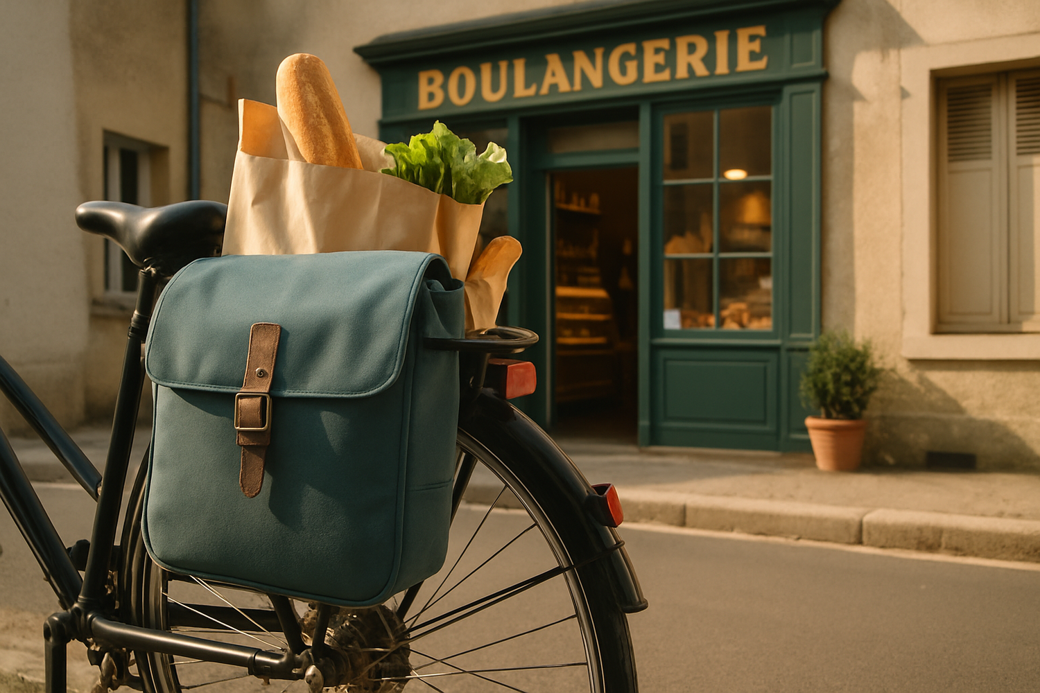 Beladener Fahrrad-Gepäckträger mit Packtasche vor kleiner Bäckerei