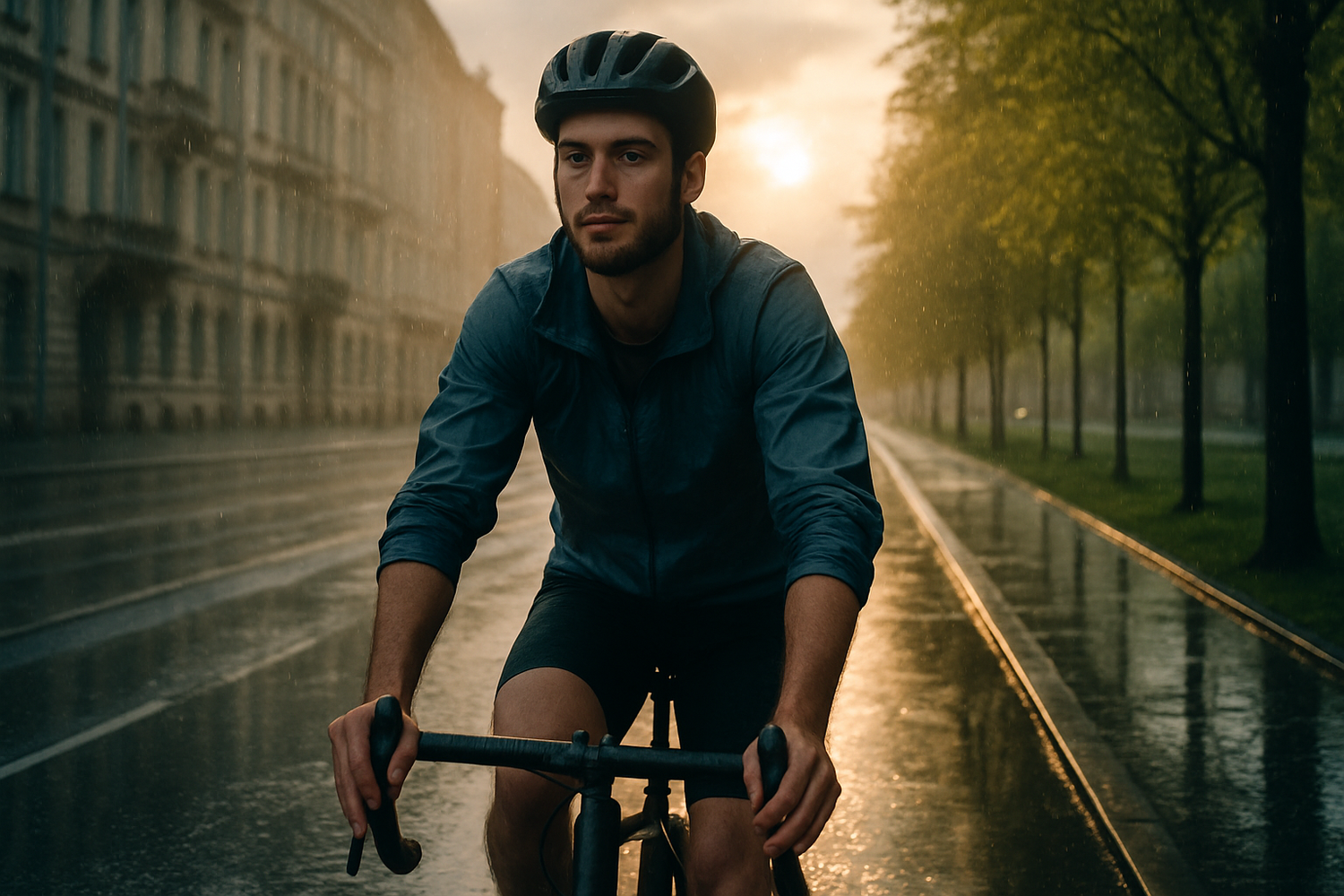 Fahrrad-Pendler im Frühling bei leichtem Regen auf dem Radweg in der Stadt