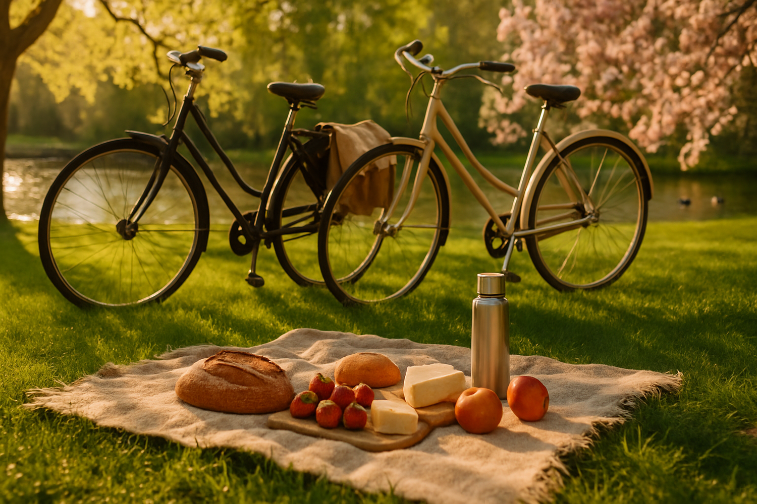 Frühlings-Picknick neben Fahrrädern im sonnigen Park