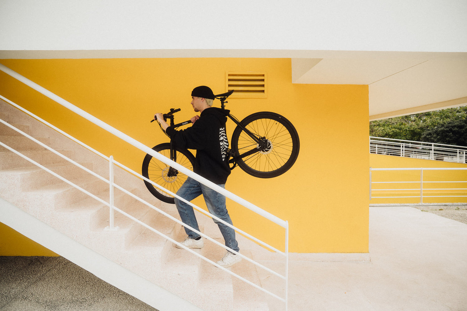 Mann trägt E-Bike die Treppe hoch