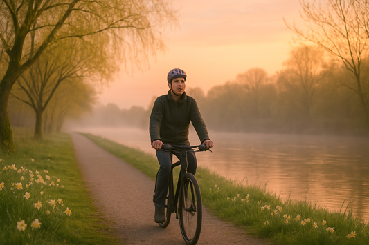 Entspanntes Radfahren am Flussufer bei Sonnenaufgang im Frühling