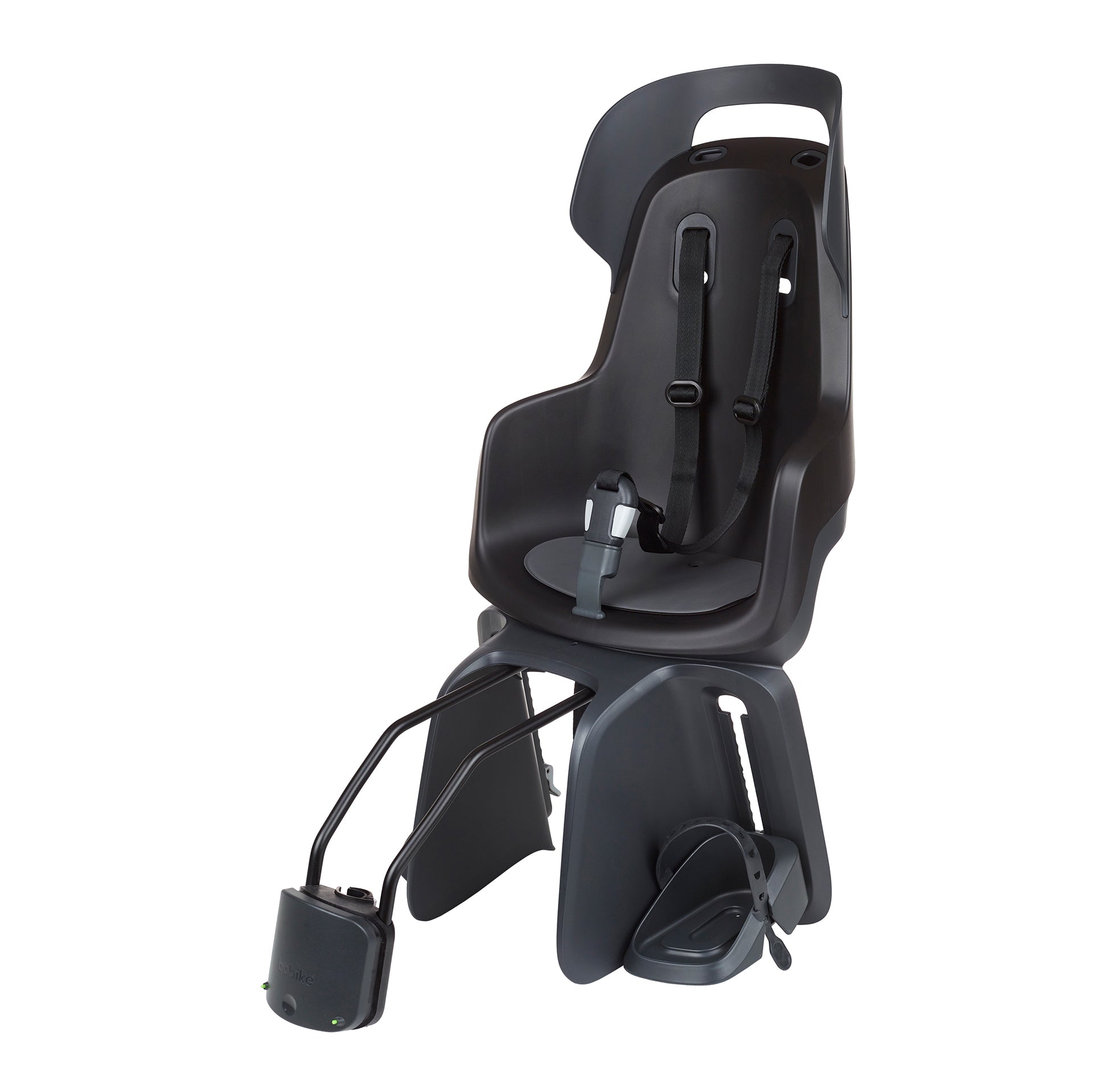 Kindersitz Bobike One Maxi in Schwarz mit Schultergurten und Fußstützen zur Rahmenmontage
